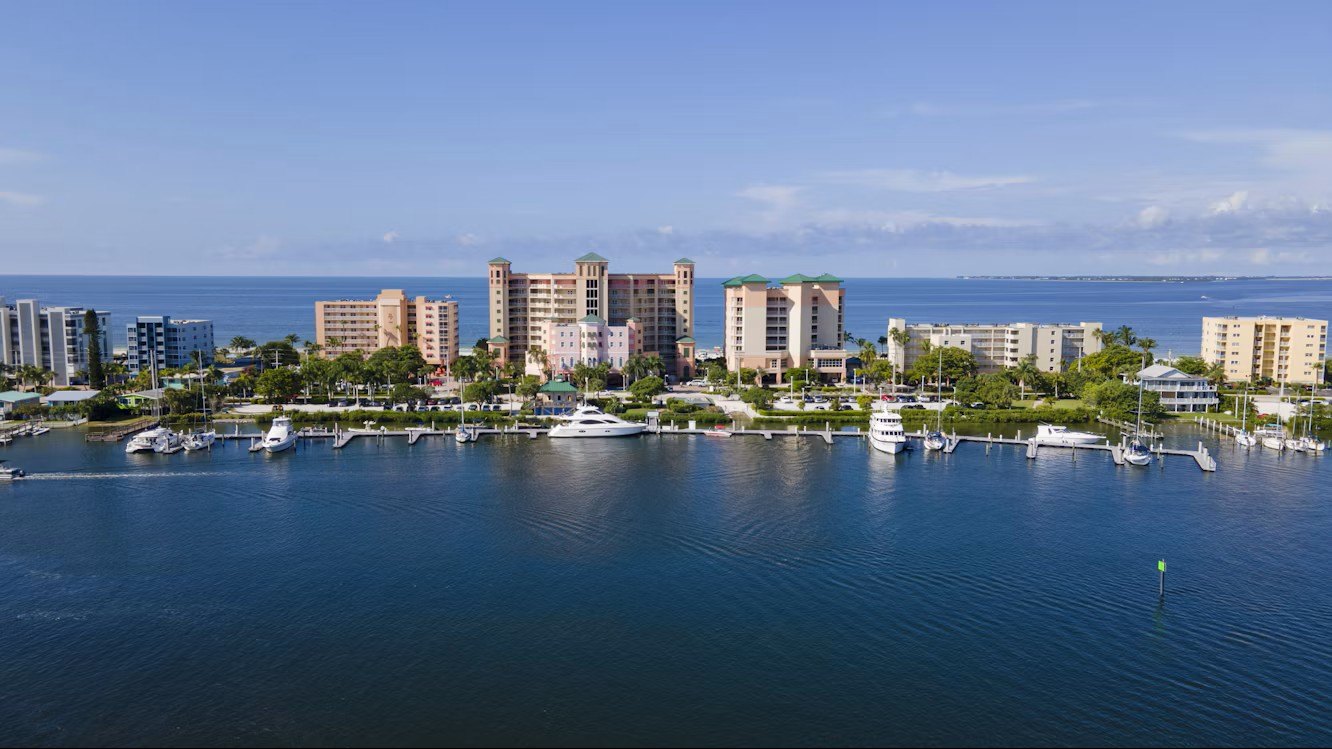 Waterfront resorts and marina on Fort Myers Beach, Florida