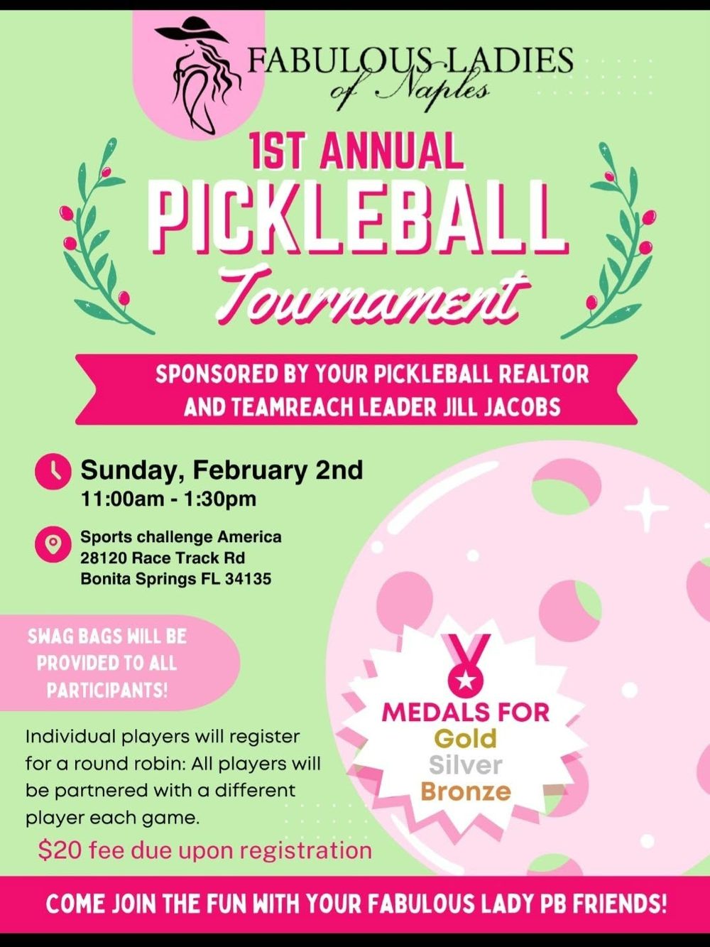 Flyer for the 1st Annual Fabulous Ladies of Naples Pickleball Tournament, sponsored by Jill Jacobs